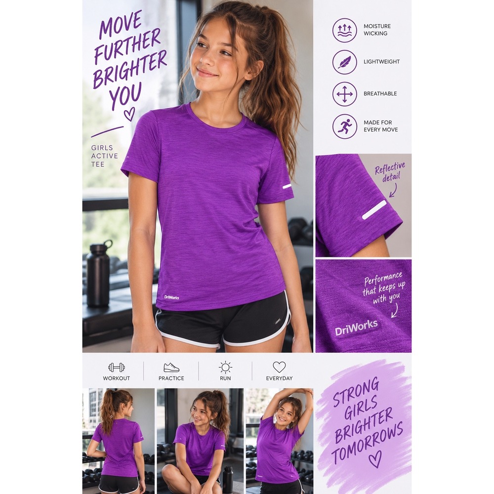 Athletic Works Girls DriWorks Active Tee Purple Heather L 10-12 Short Sleeve